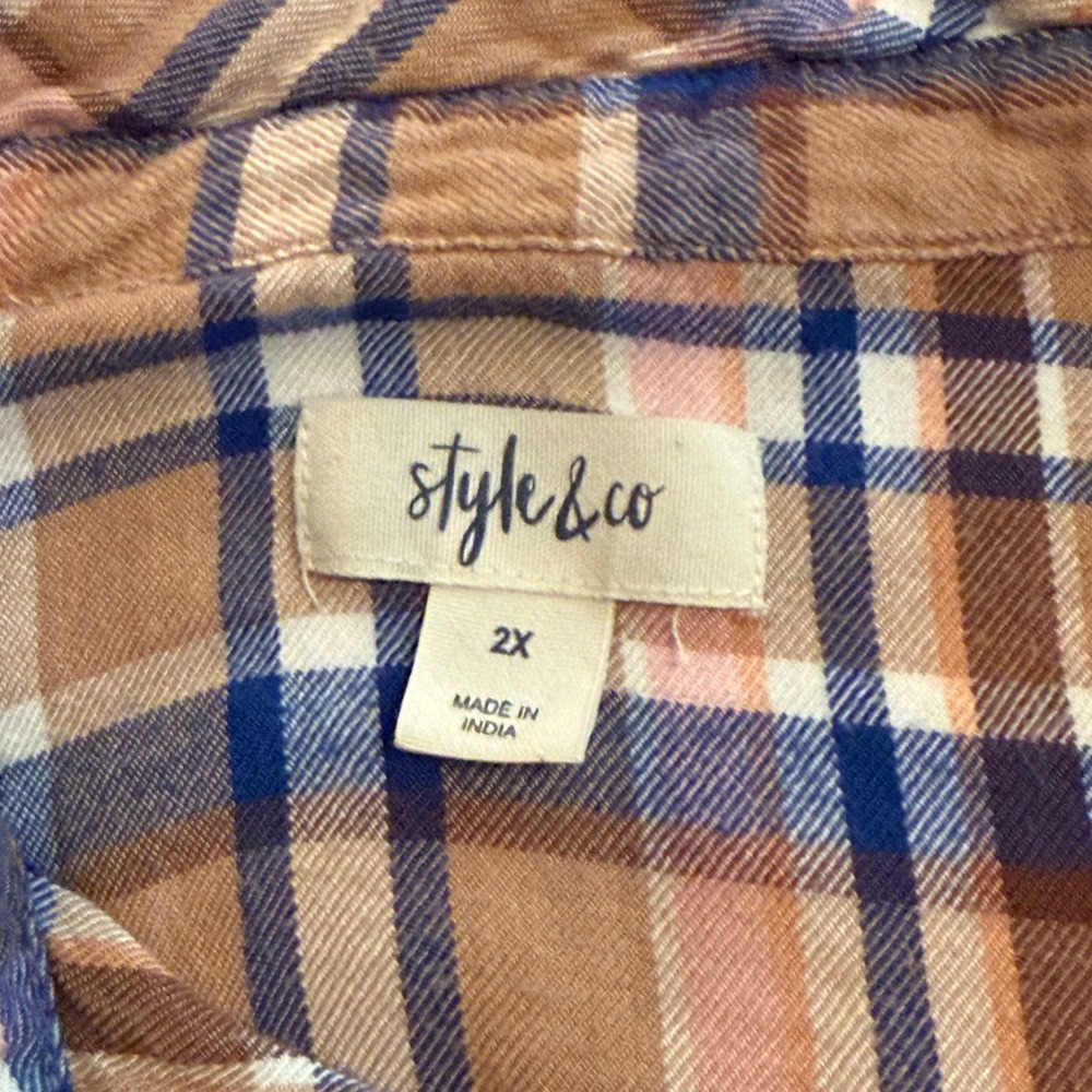 Style & Co Women 2X Brown Blue Plaid Button Down Rayon Shirt Long Sleeve Top - Picture 6 of 8